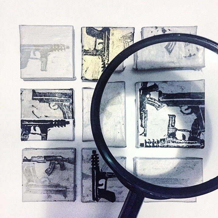 How many guns?, 2017, Linocut, each is 2in x 2in