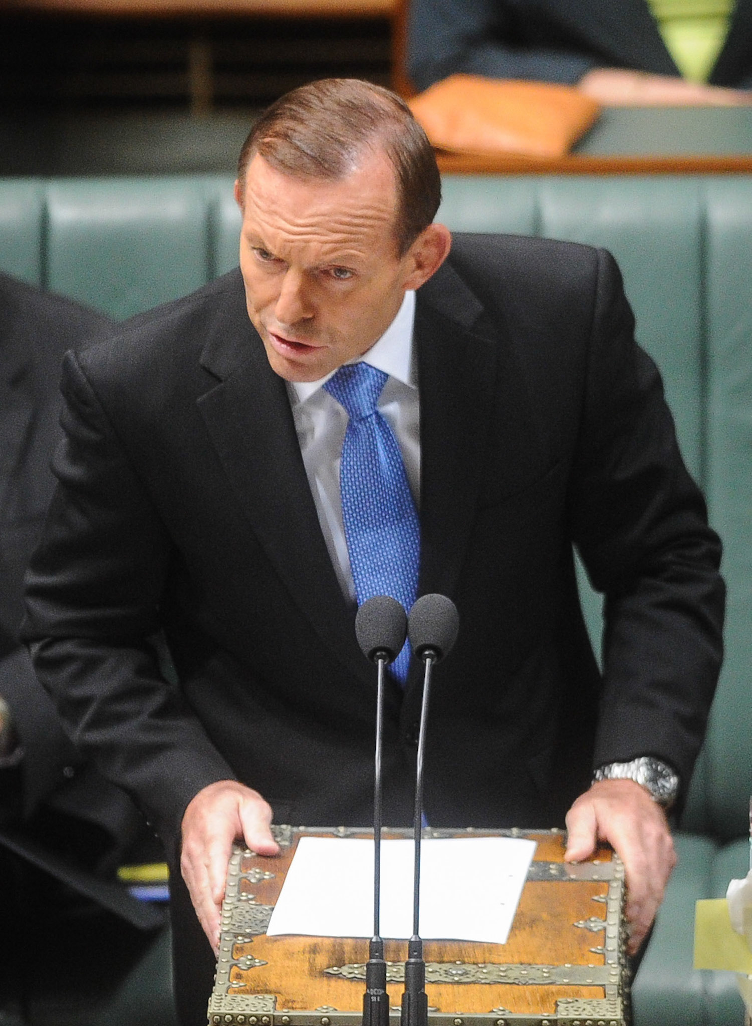 Prime Minister Tony Abbott speaks during House of Representatives Question Time in Canberra. Monday 24, 2014. (AAP Image/ Katherine Griffiths) NO ARCHIVING