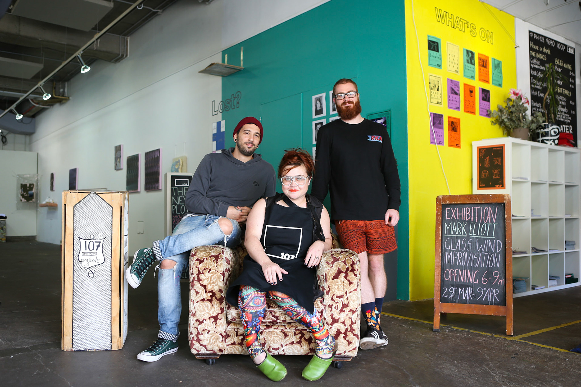 107 Redfern St, Redfern Sydney - 31st March 2017. 107 Projects have been chosen as the head tenantat the new Joynton Avenue Creative Centre. Artist Josh Gilchrist,  Managing Director Jess Cook and Creative Program Manager James McDonald. Photograph: Katherine Griffiths