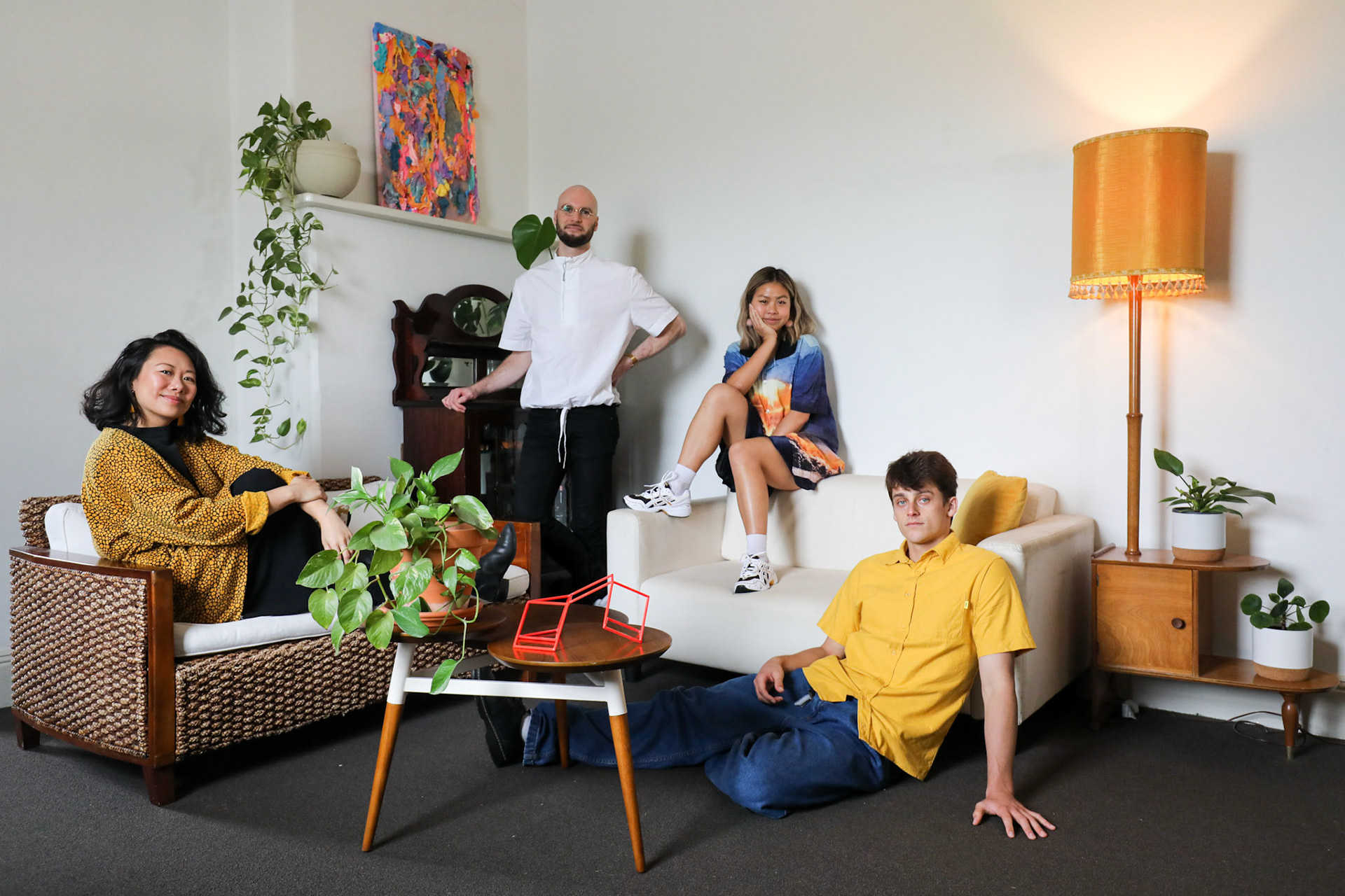 770 Elizabeth Street, Waterloo Sydney -17th January 2020. Tian Zhang, Adam Rothwell, Amy Zhang and Jackson Garcia in their Waterloo apartment. The City of Sydney offer local artists working in a creative field the opportunity to take part in a 12-month affordable apartment lease in the William Street Creative Hub. Six 1-bedroom apartments offer working studios and residential accommodation for a new group of artists each year. (Model release: ER20200116-Live In Tenant -00450 -00453.jpg)