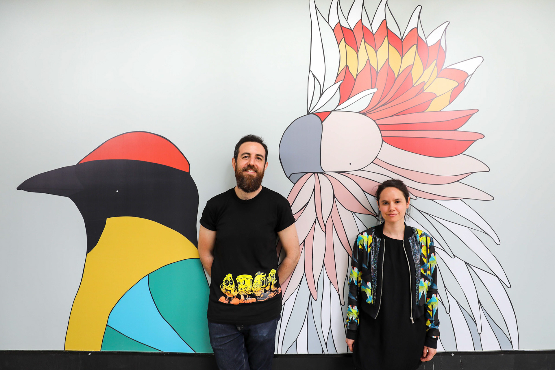 44 Foveaux Street, DarlinghurstSydney - November 2018. To make city streets and buildings more beautiful while construction is underway, the City has selected designs by 10Australian artists, illustrators and photographers for property developers to use as temporary hoardings. Artists Camila De Gregorio and Christopher Macaluso (egg picnic) with their work 'The Birds'. (Model release: ER20181114-Creative Hoardings -00084.jpg)