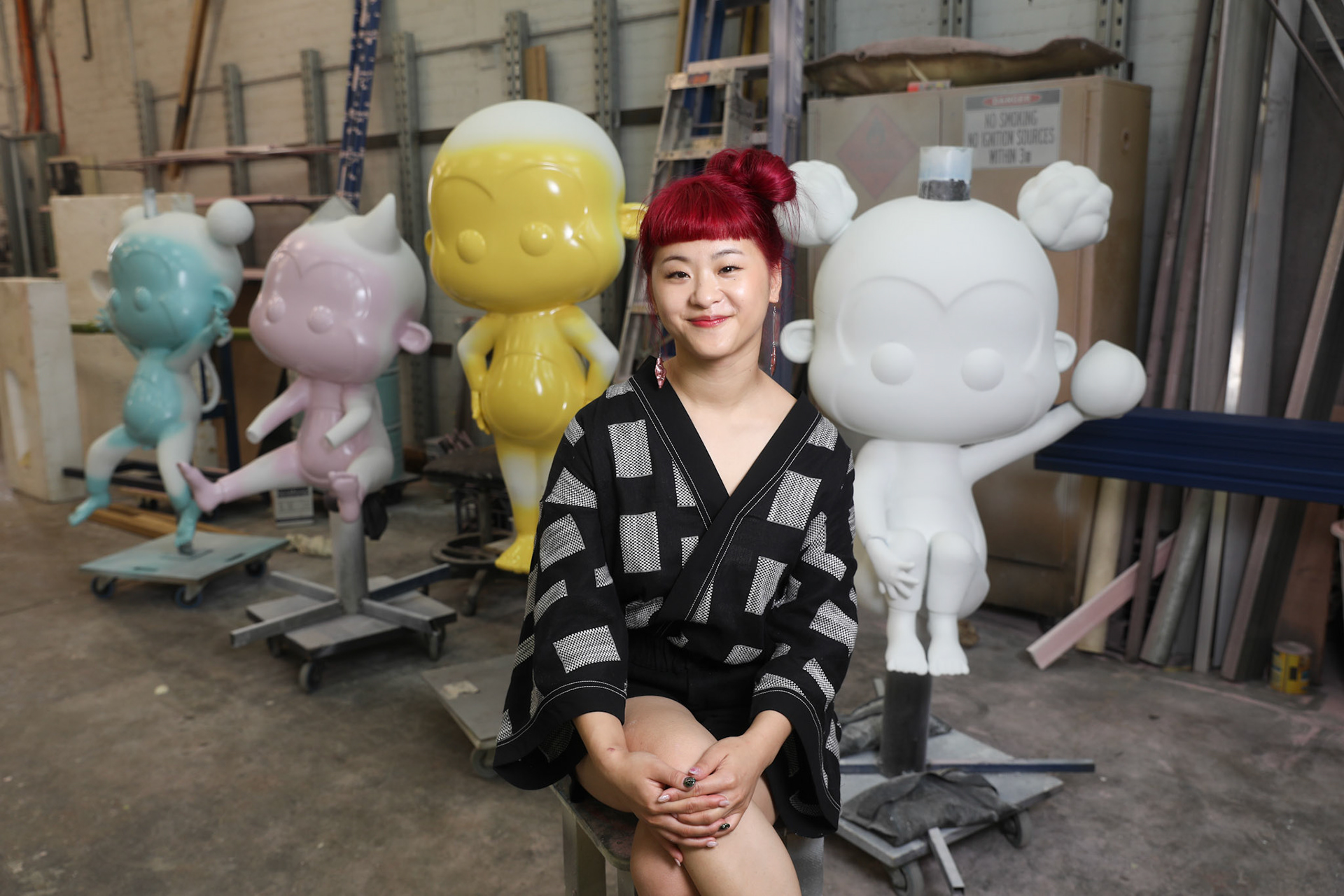 Gorilla Constructions182c Victoria Rd, Marrickville - 10th January 2019. Portrait of artist Louise Zhang with her monkey lanterns, commised for the Sydney Lunar Festival 2019.