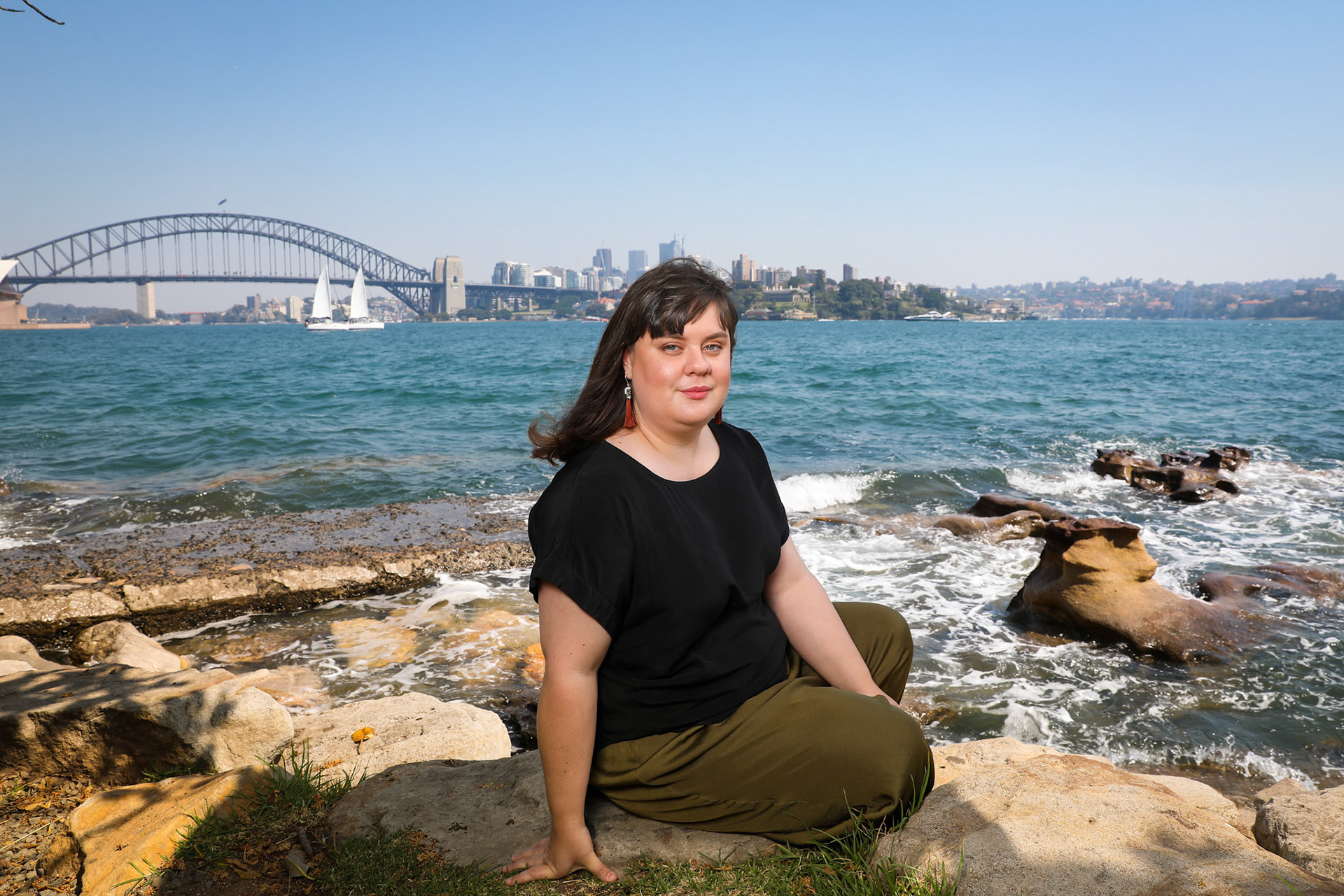 Sydney Harbour - 28th November 2019. Portrait of Emily McDaniel, author of the Harbour Walk. report. The Harbour Walk will be a cultural experience which presents First Nations narratives embedded in sites along the foreshore, beginning at the Australian National Maritime Museum in Darling Harbour continuing along to Garden Island in Woolloomooloo Bay. The project is being developed by the City of Sydney in partnership with the NSW State Government Property NSW. Photograph by Katherine Griffiths