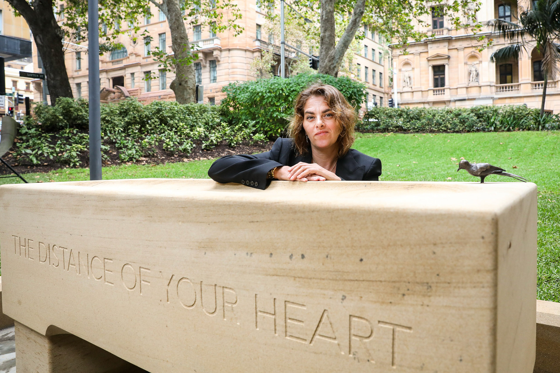 Macquarie Place Park Sydney - 21st March 2018. Official launch of public artwork The Distance of your Heart. The City of Sydney commissioned artwork is made up of over 60 delicate handmade bronze bird sculptures designed by acclaimed British artist Tracey Emin.  Artist Tracey Emin with her work. Photo: Katherine Griffiths
