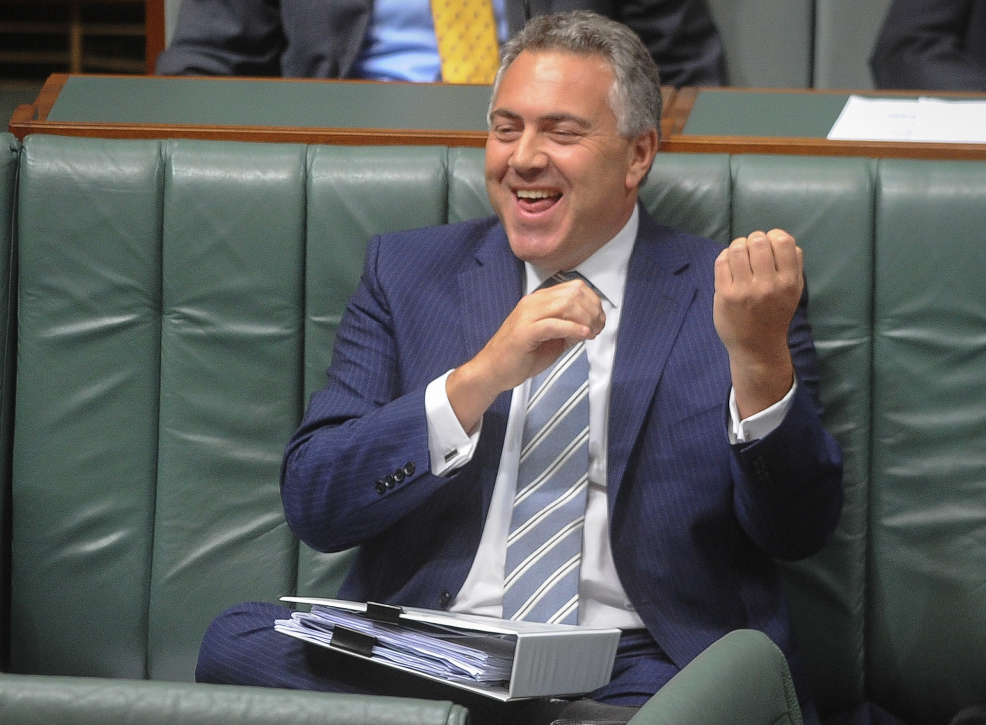 Treasurer Joe Hockey reacts during House of Representatives Question Time in Canberra. Monday 24, 2014. (AAP Image/ Katherine Griffiths) NO ARCHIVING