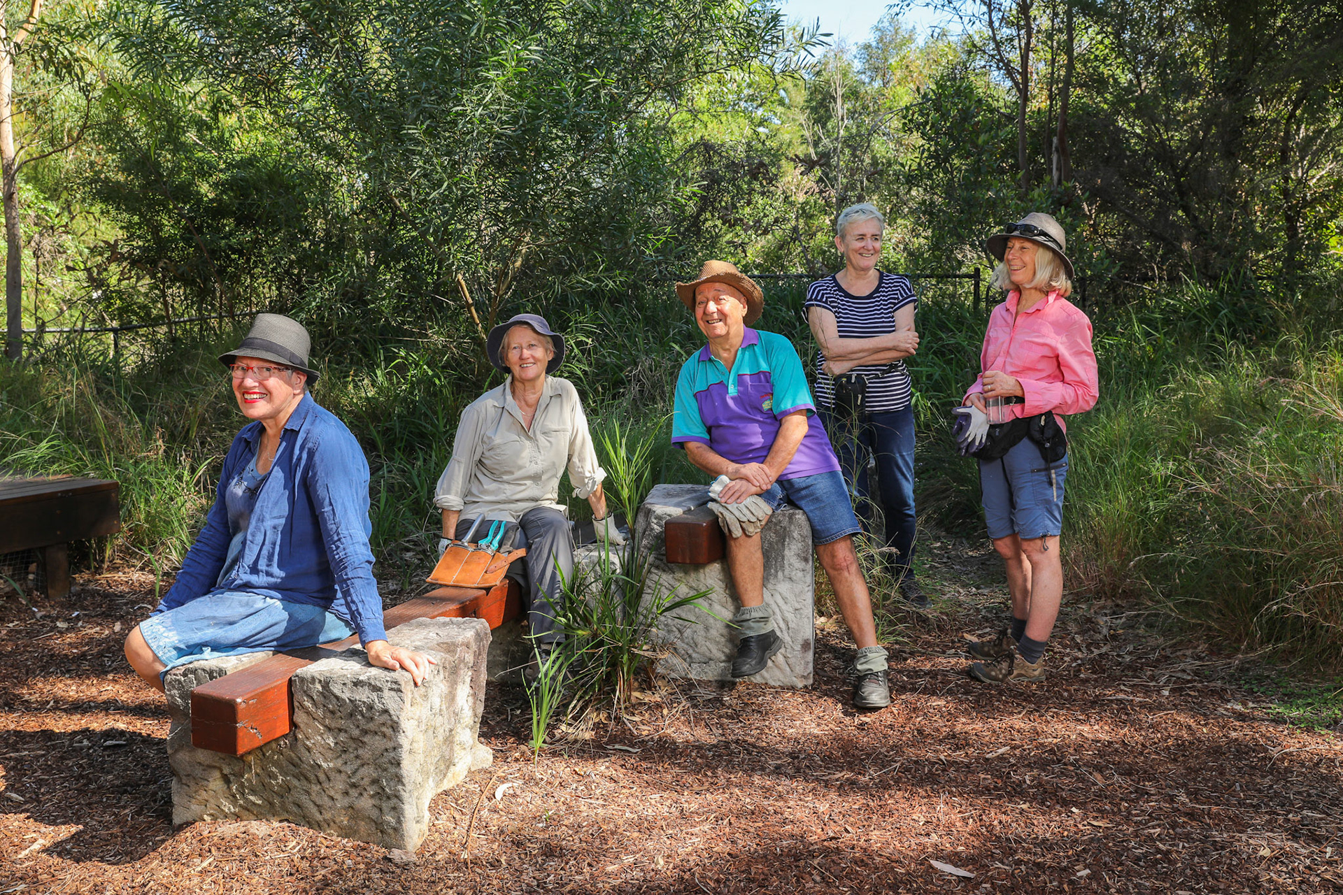 Forest Lodge, Sydney - 14th April 2018. Local bushcare groups are helping to restore local bushland through planting local indigenous plants, weeding and other work to encourage birds, lizards and other species in our villages. Glebe Bushcare Group photographed in Orphan School Creek, Forest Lodge.