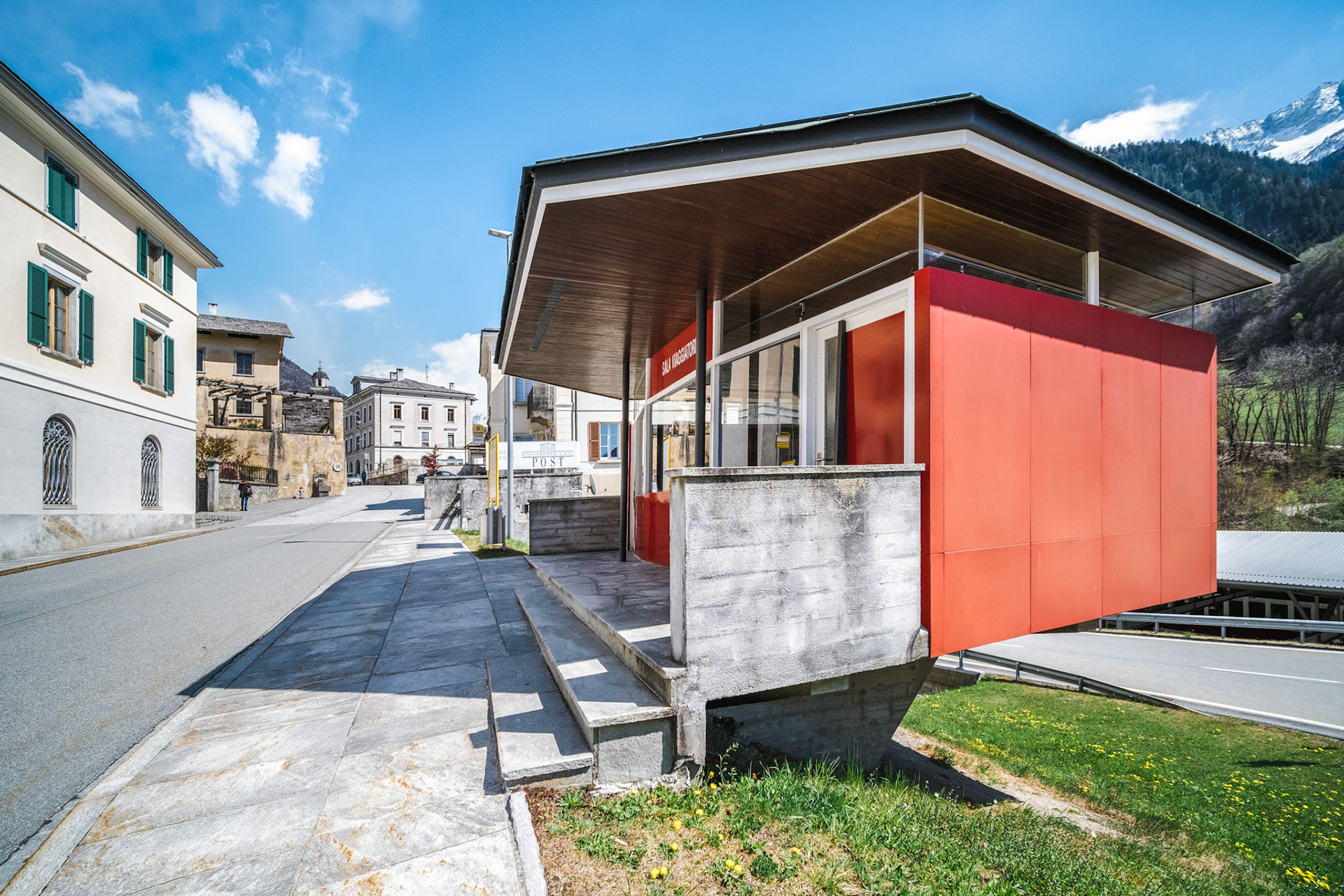 Red customs stations in Castasegna, designed by Bruno Giacometti in 1959