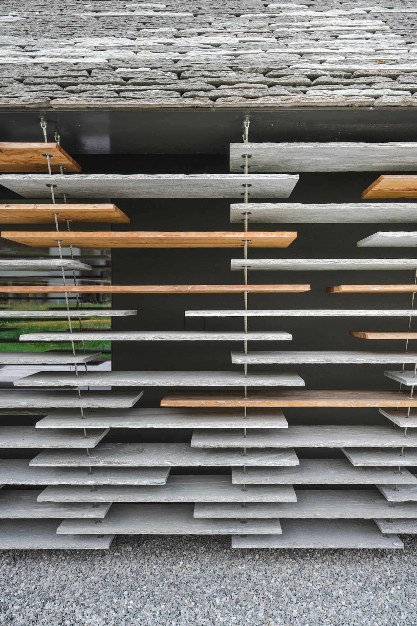 Transparent stone and wood curtain