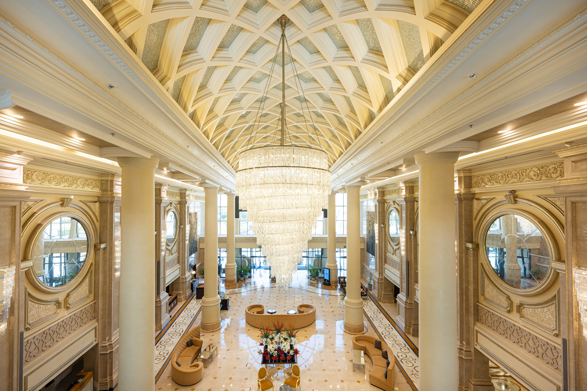 lobby with grand chandeliers