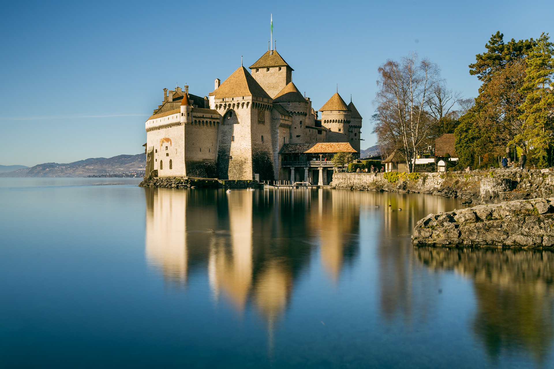Château de Chillon reflecting in Lake Geneva