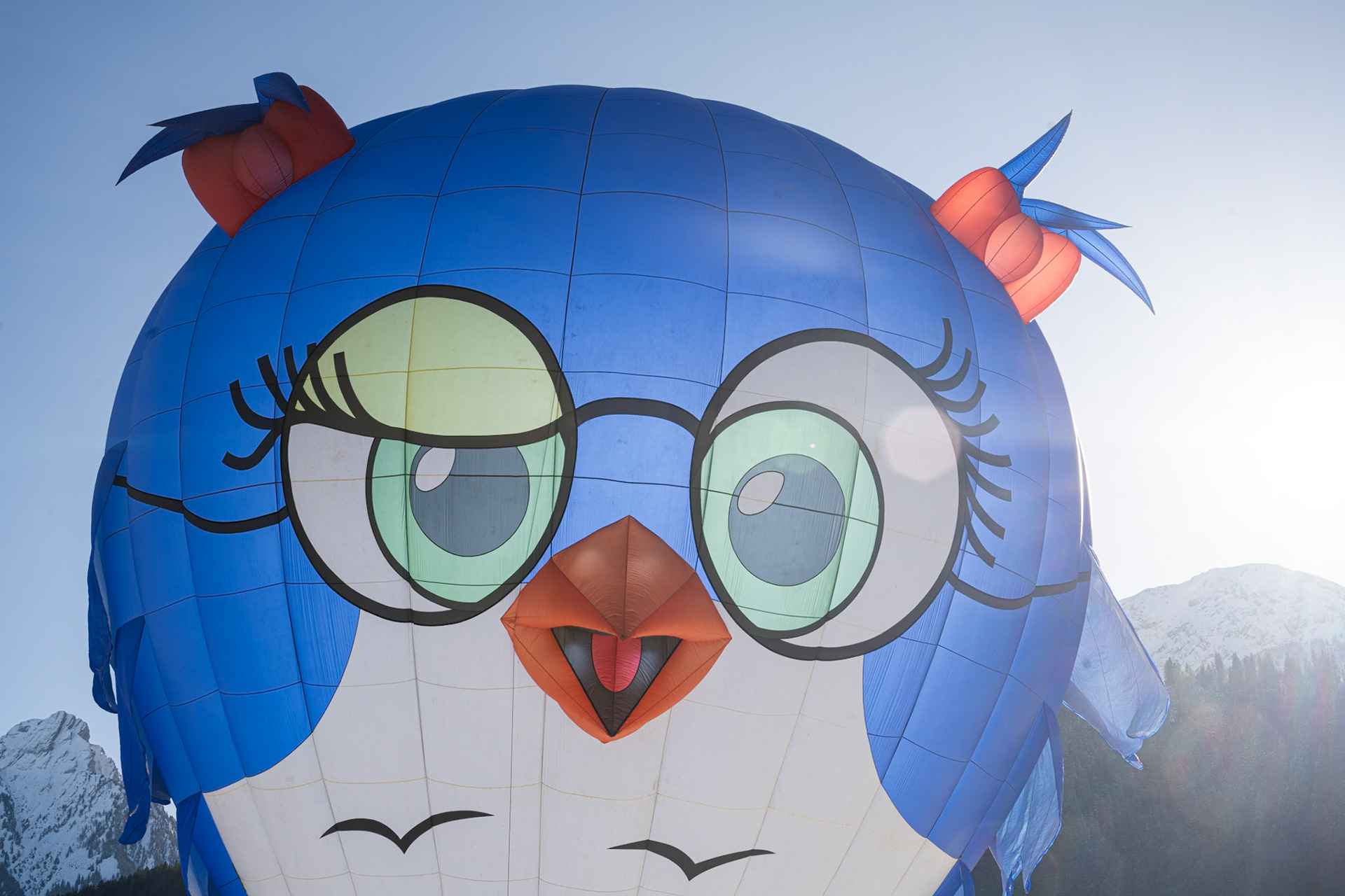 Closeup of the Owl-faced hot air balloon