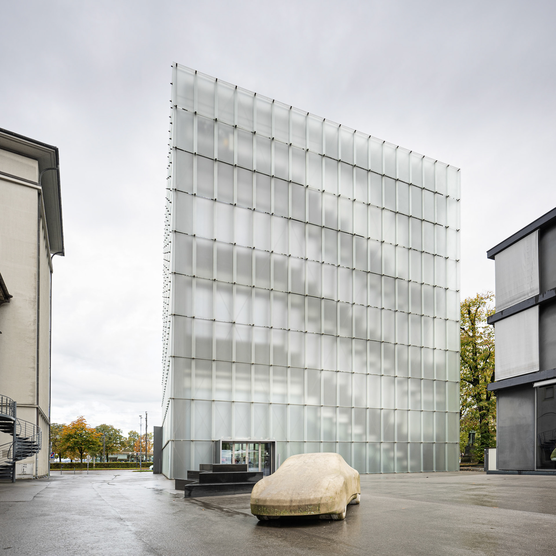 Kunsthaus Bregenz and concrete Porsche art installation by Gottfried Brechthold