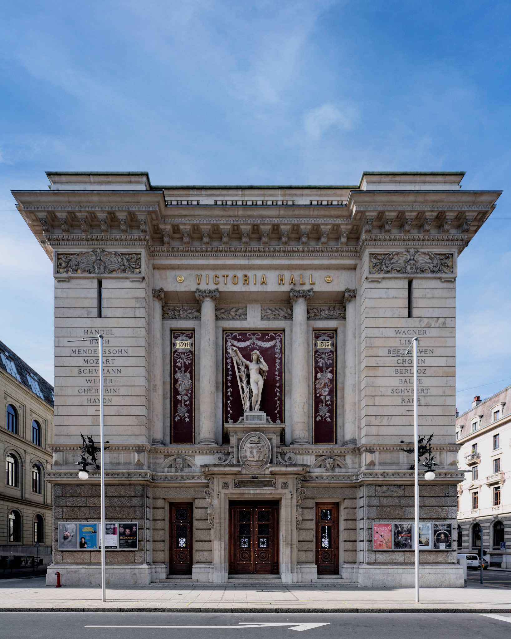 Victoria Hall - facade with Harmony statue by Joseph Massarotti