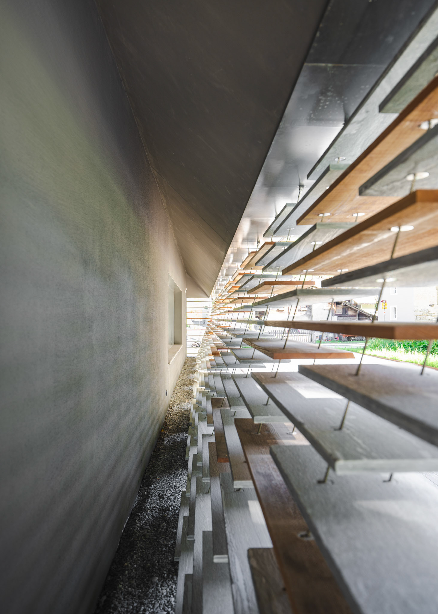 Transparent stone and wood curtain