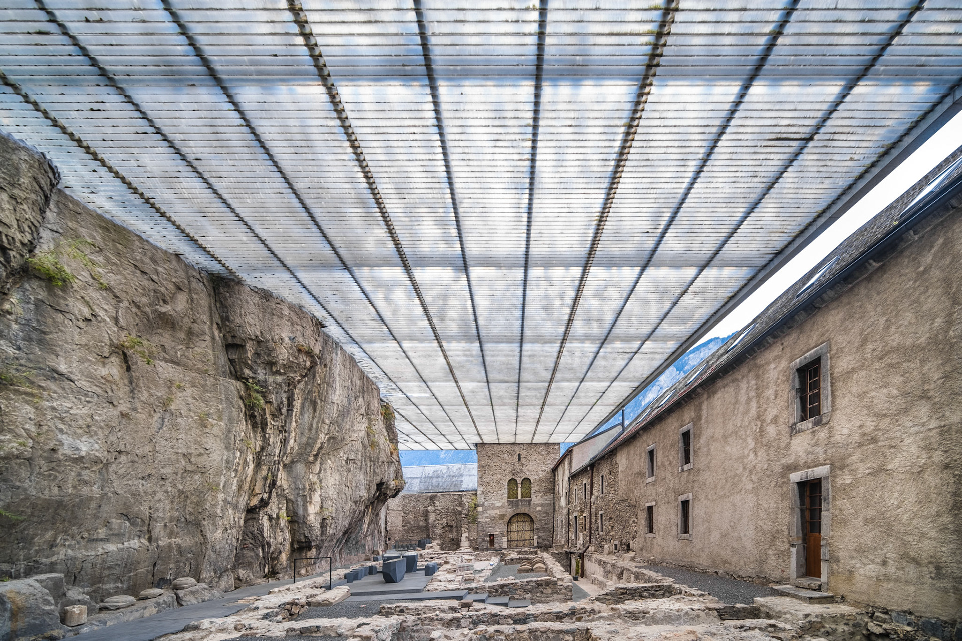 Abbaye de Saint-Maurice d'Agaune with translucent roof over the archaeological excavation