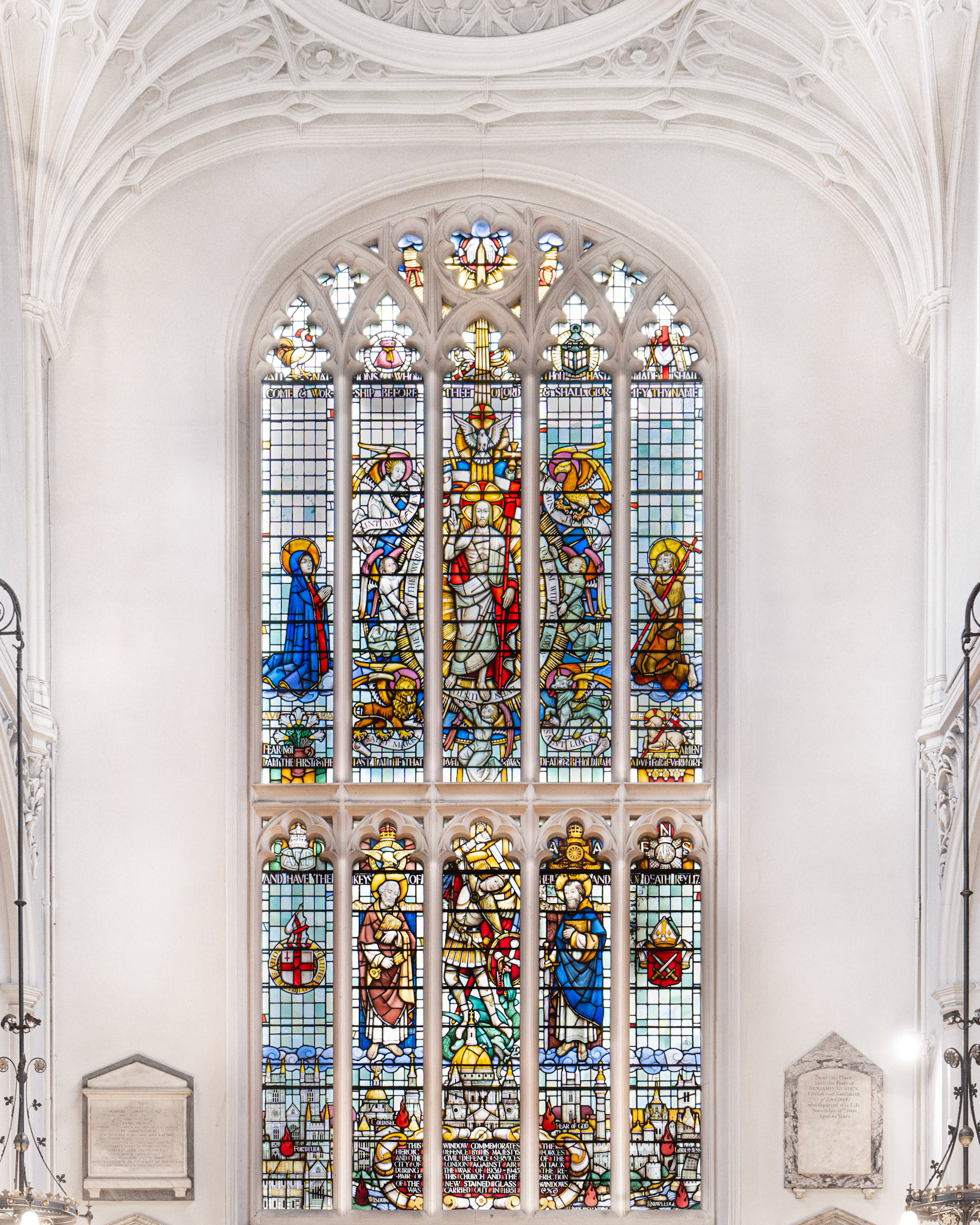 west window by John Crawford commemorating the defense of London during World War II