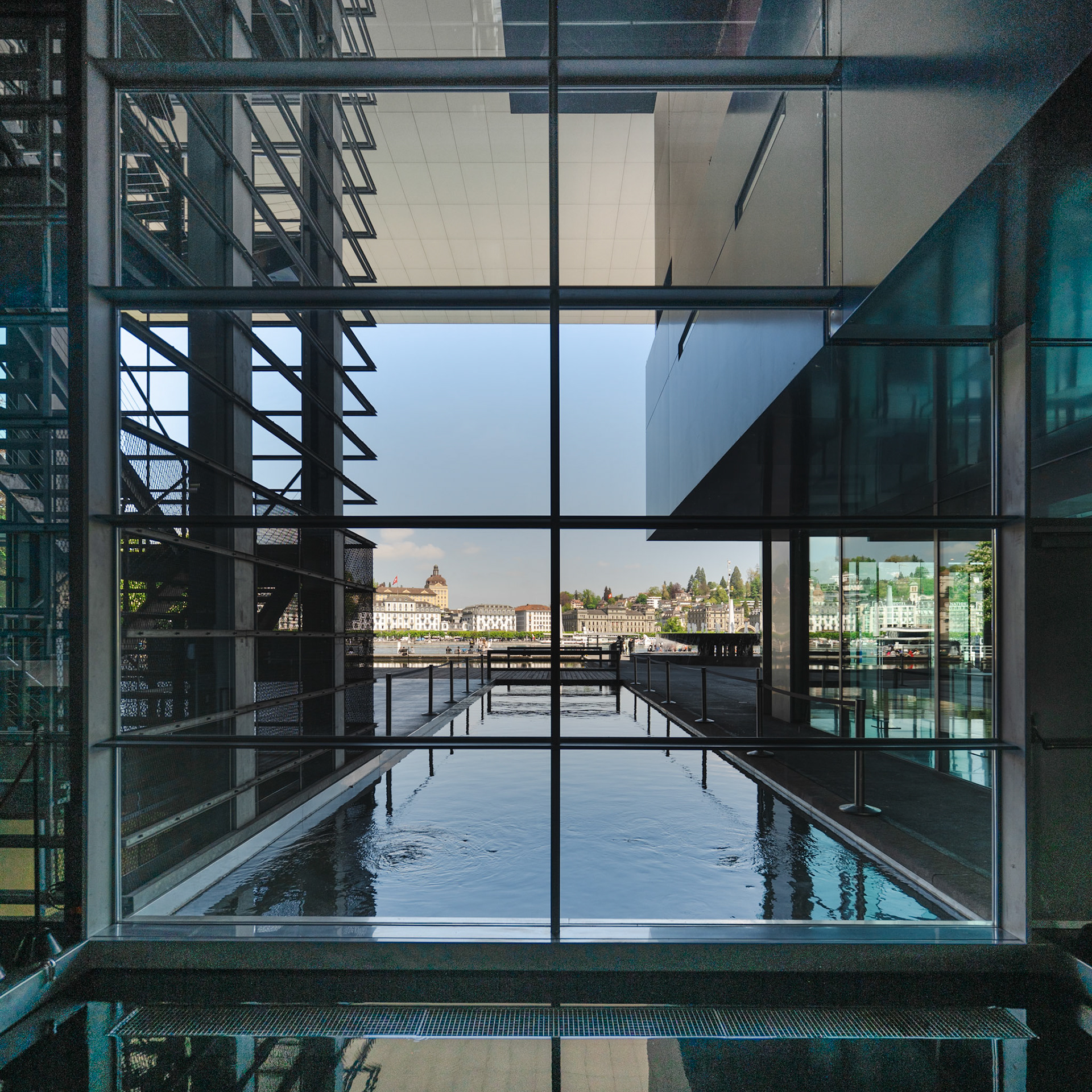 View from inside the KKL Luzern towards the city