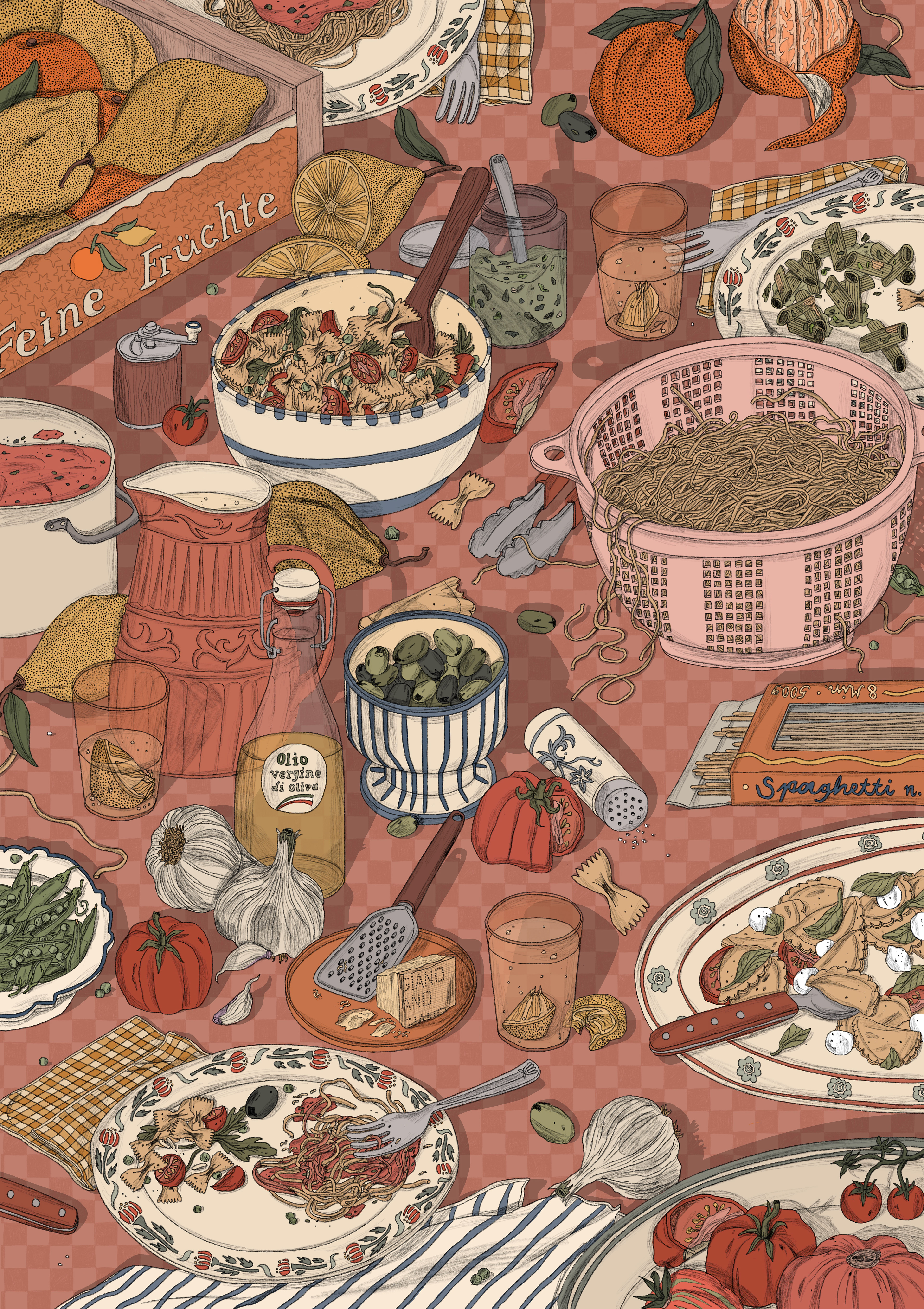 Pasta Party, Still life illustration, 2023