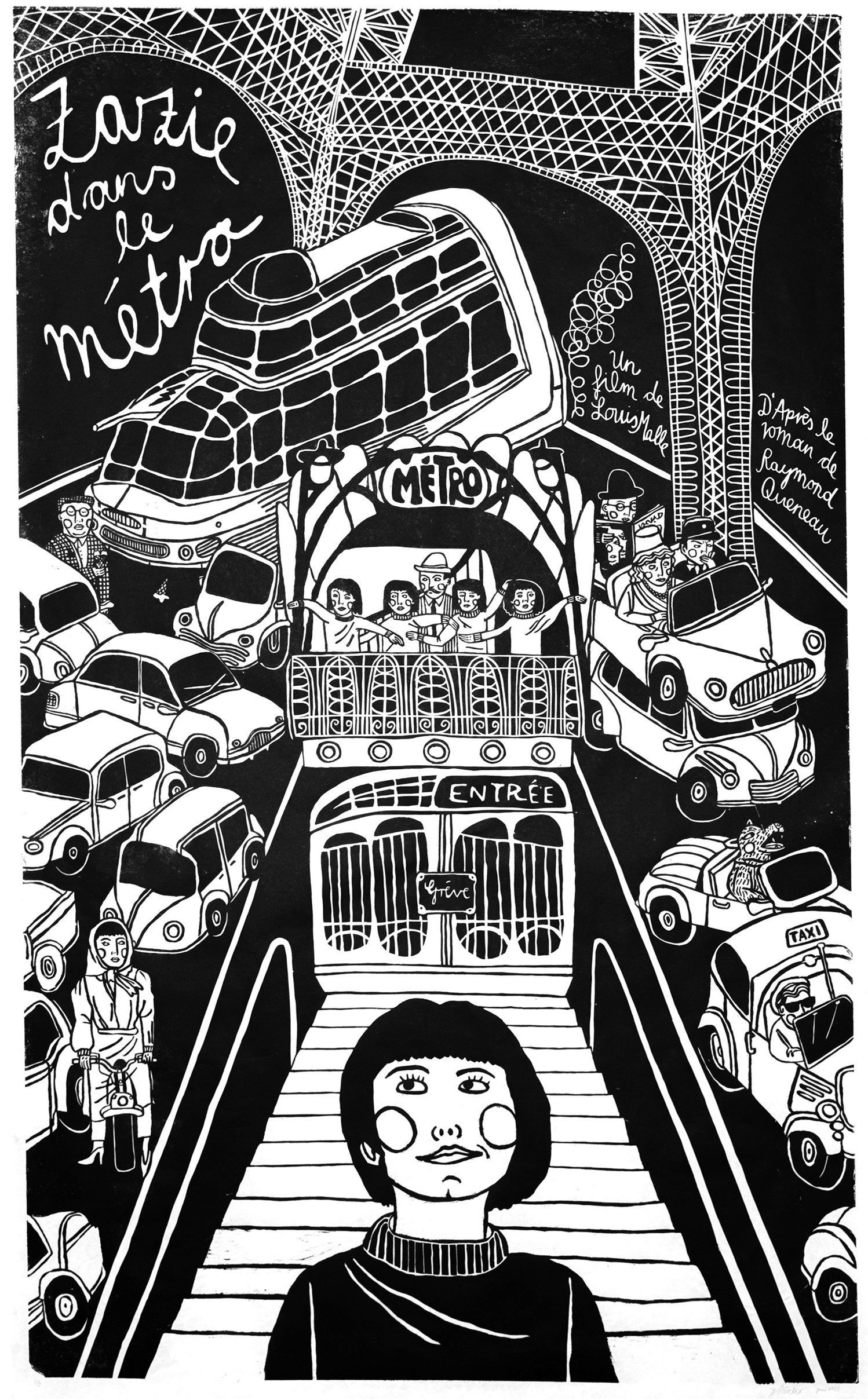 Zazie dans le métro, Holzschnitt, 120x200cm, 2023