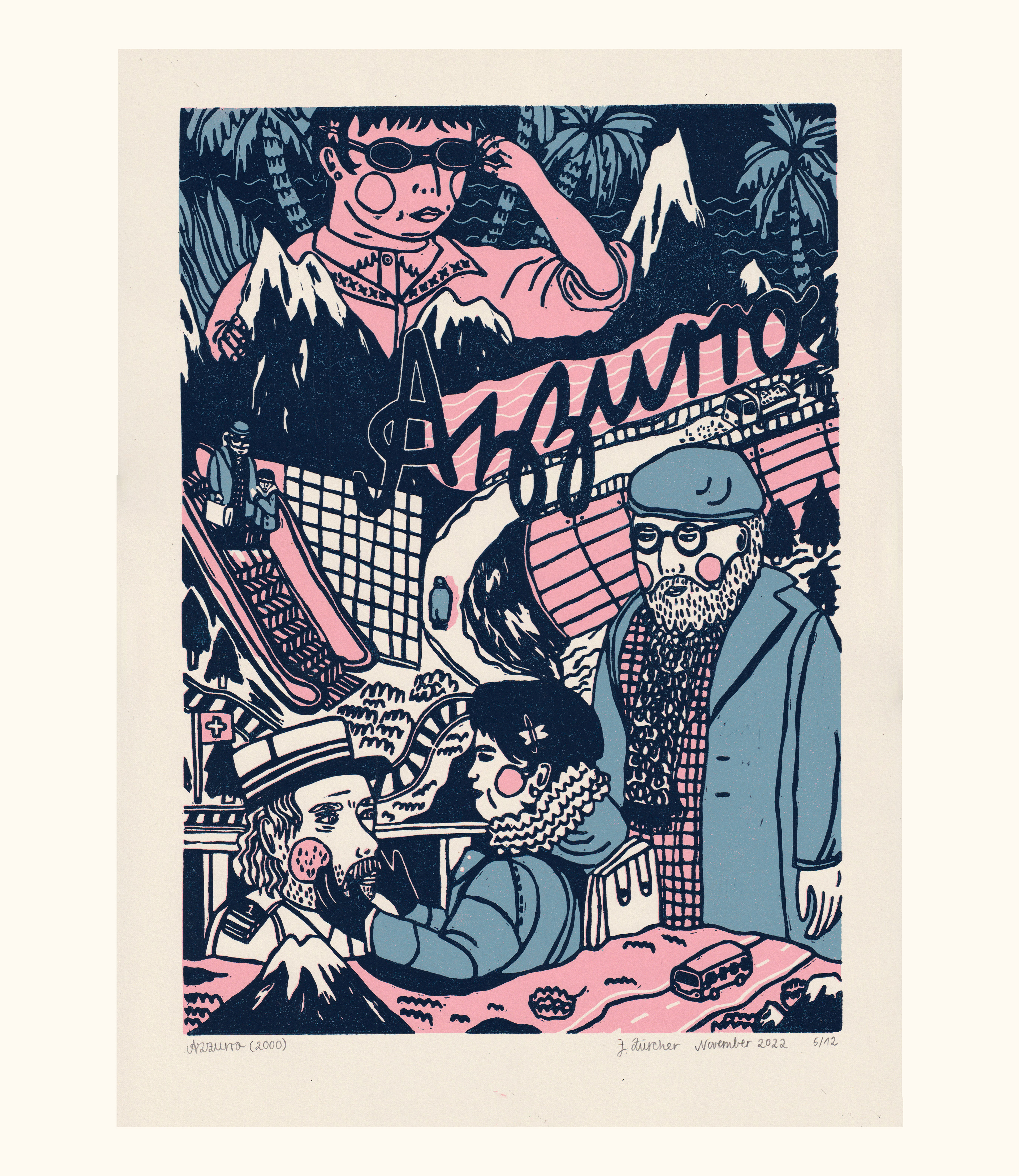 Azzurro (2000), Linocut movie poster, 2023