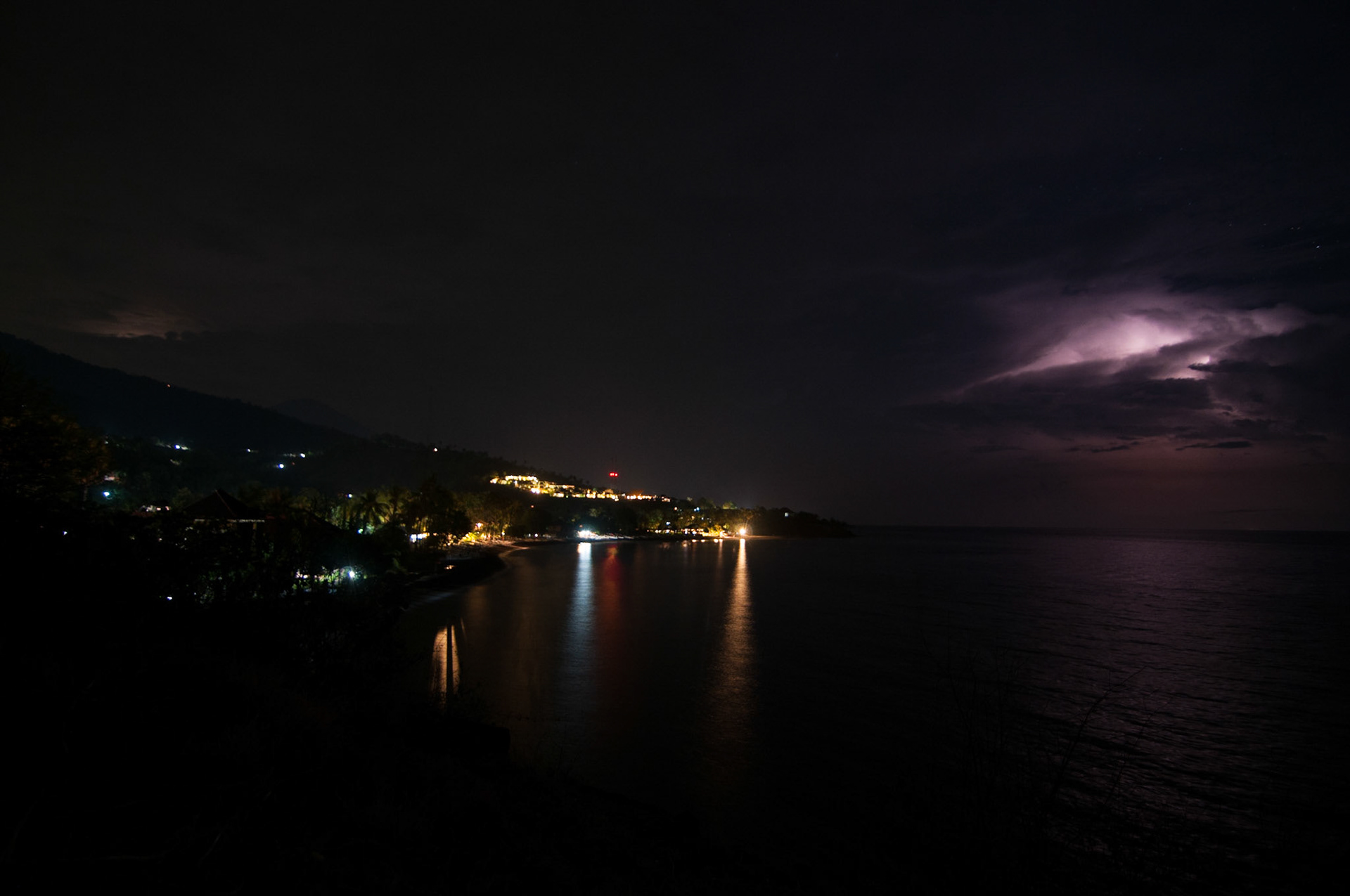 Lightning over Mt Agung, from Amed, Bali