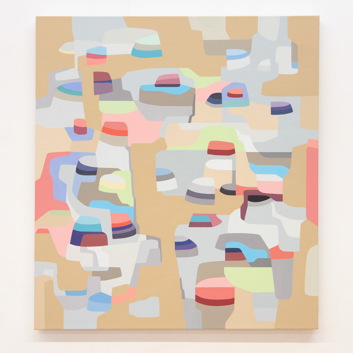 Painting of an abstract landscape with vibrant stacks of colors on a tan and gray background..