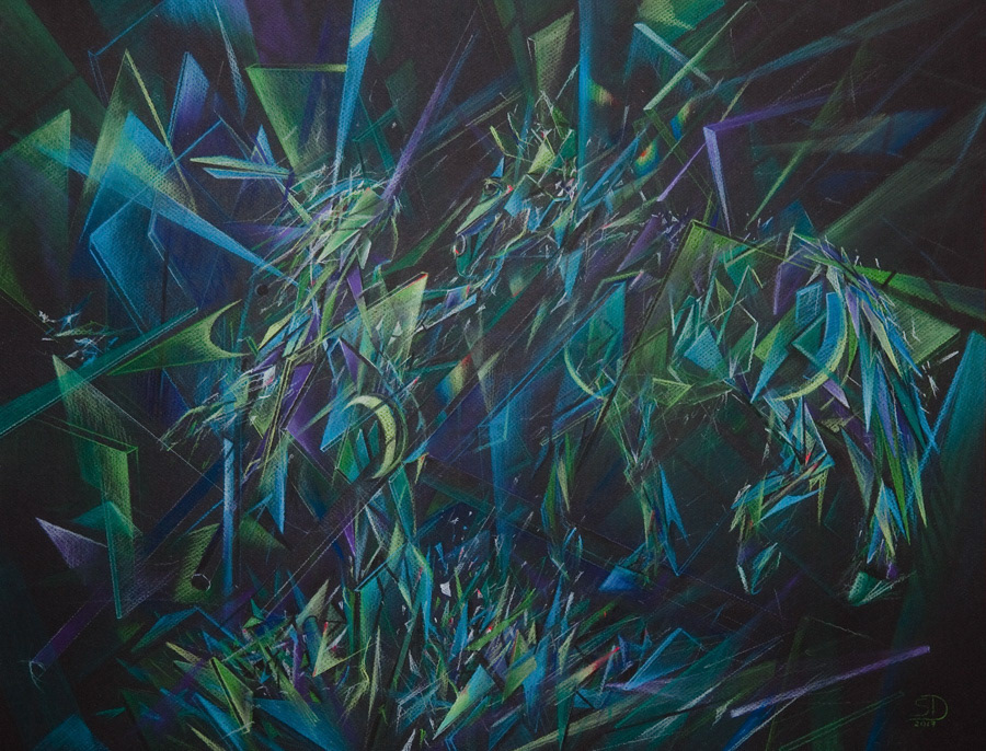 Dryad steals Pegasus, pastel, 50 x 70 cm, 2017