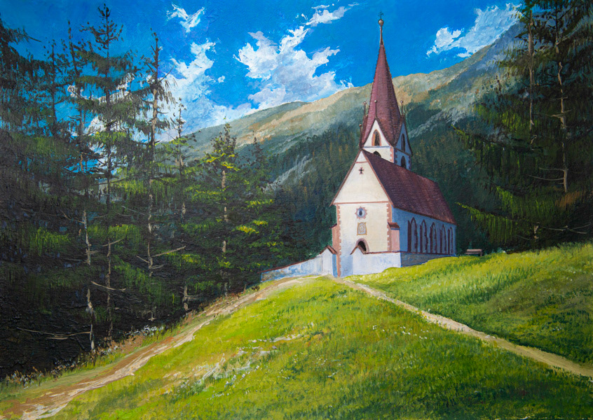Pestkapelle in Langenfeld, Austria, acrylic on cardboard, 35 x 50 cm, 2022