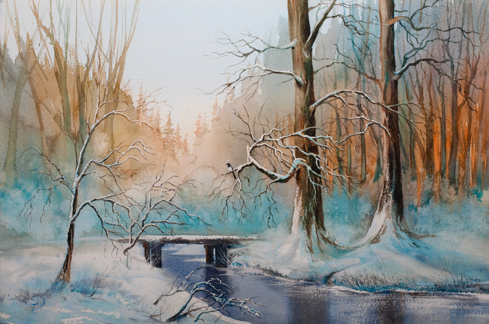Frosty evening in the forest, watercolor, 38 x 56 cm, 2017