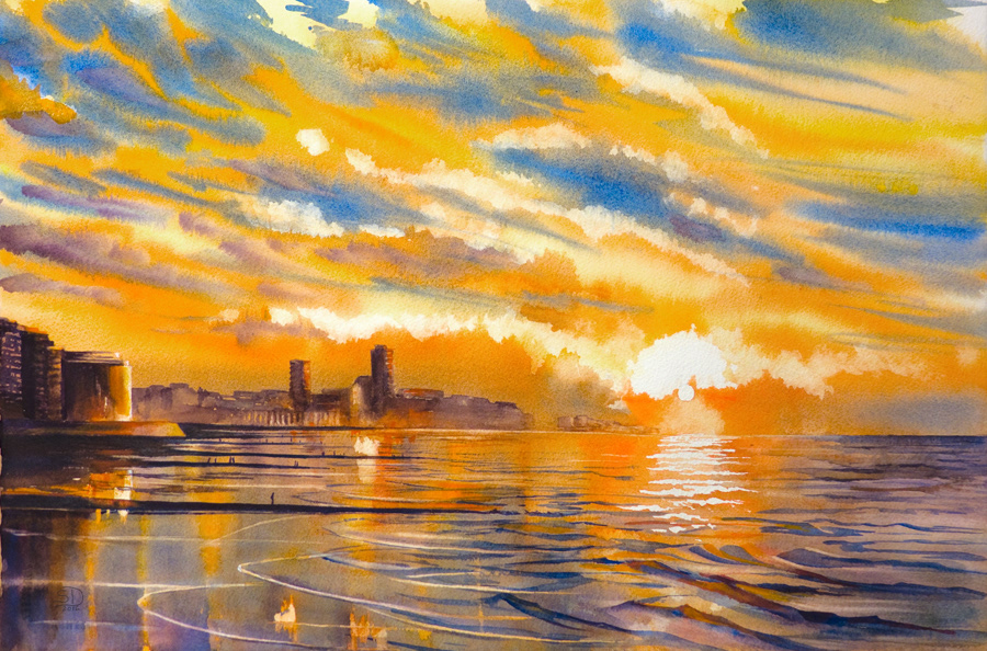 Sunset in Ostend, watercolor, 38 x 56 cm, 2016