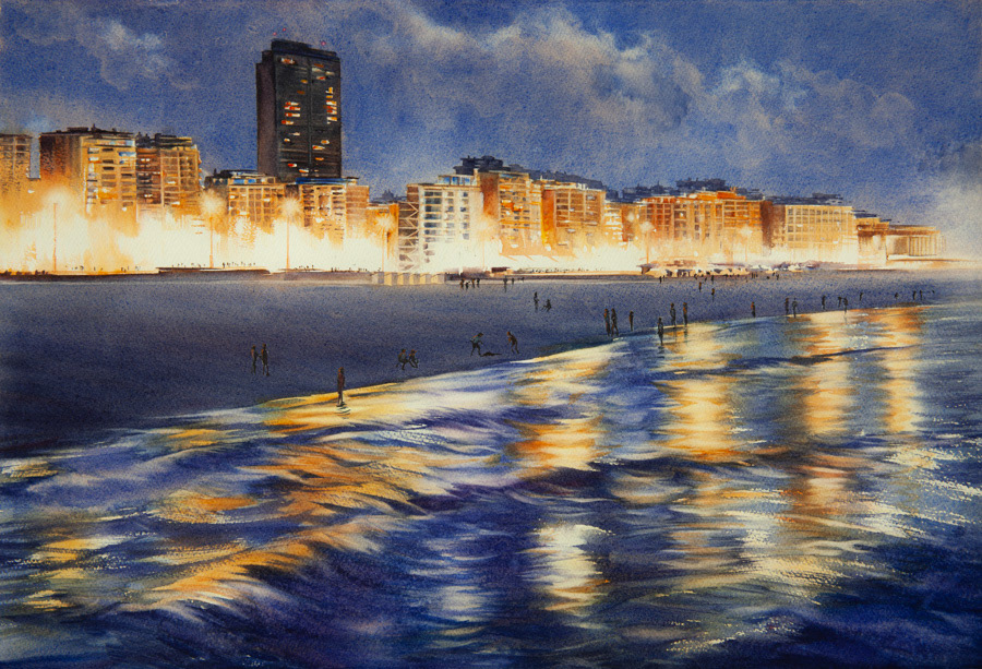 Summer evening in Ostend, watercolor, 38 x 56 cm, 2024