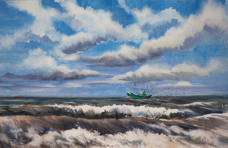 Sunny Day at North Sea, watercolor, 32 x 50 cm, 2020