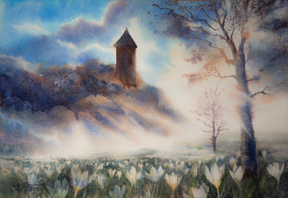 Crocuses by the hill, watercolor, 38 x 56 cm, 2024
