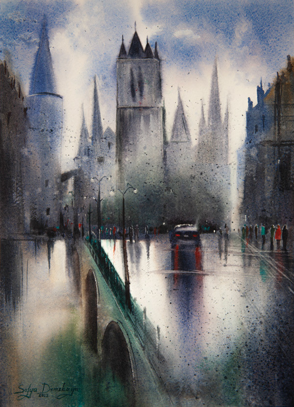 Rainy Ghent, watercolor, 38 x 28 cm, 2022