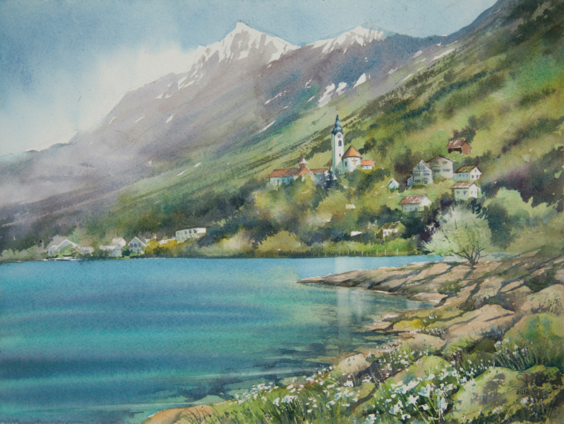 Spring in Fluelen, watercolor, 28 x 38 cm, 2018