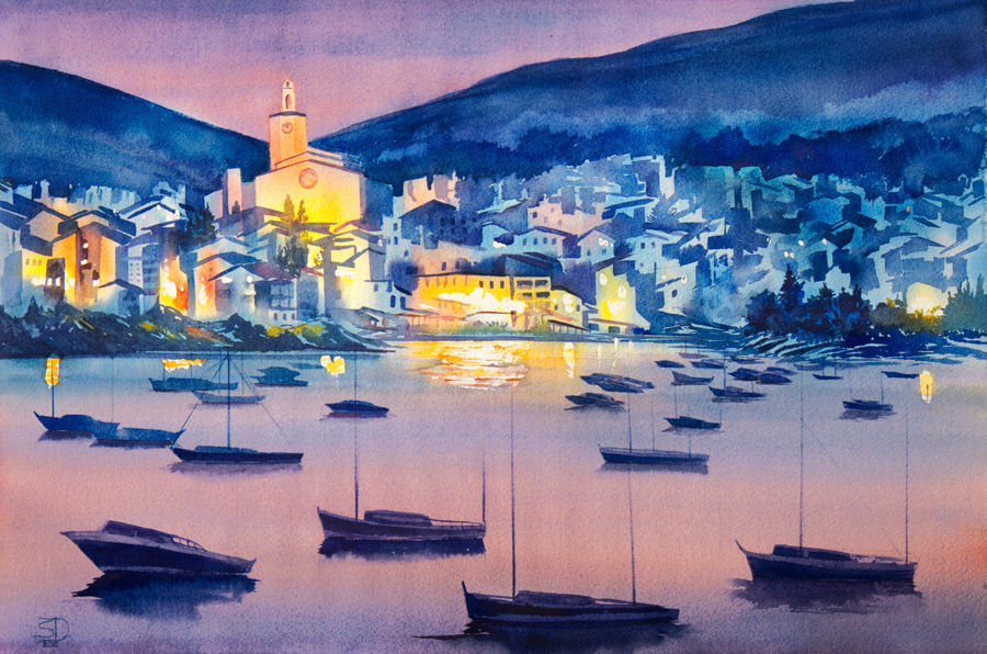 Night in Cadaques, watercolor, 38 x 56 cm, 2015