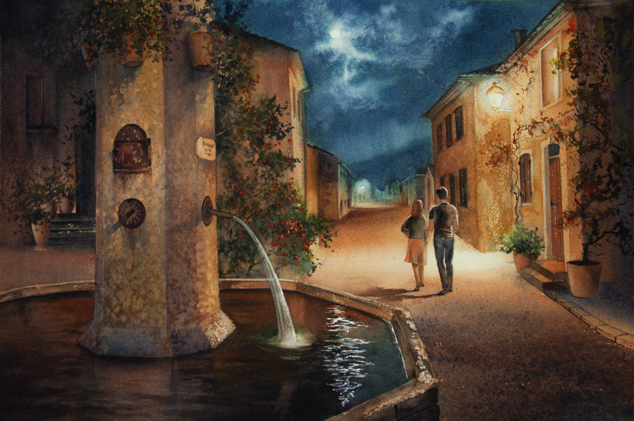 Walk in Flassans, France, watercolor, 38 x 56 cm, 2024
