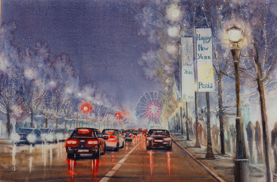 Happy New Year Paris!, watercolor, 2019