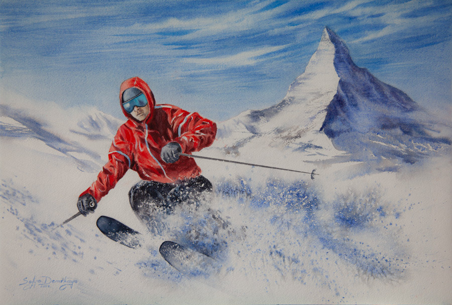 Skiing on the Matterhorn, watercolor, 38 x 56 cm, 2022