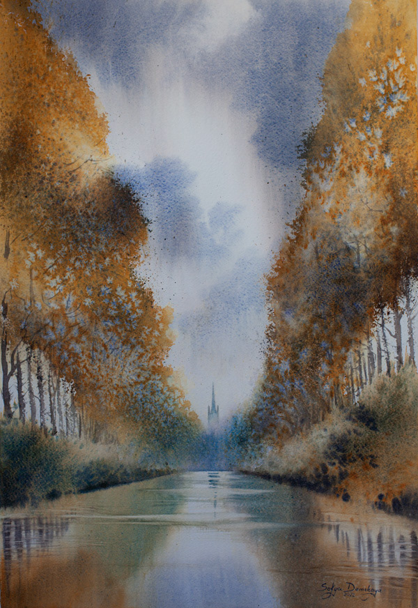 Damme Channel, autumn, watercolor, 56 x 38 cm, 2022