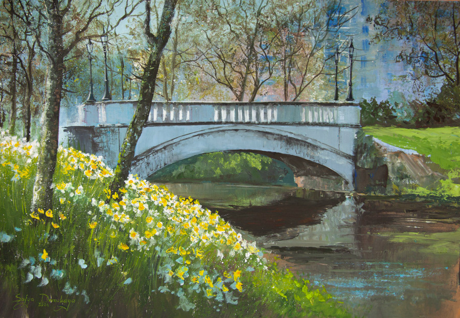 Daffodils in Leopold Park, Ostend, gouache and acrylic, 35 x 50 cm, 2024