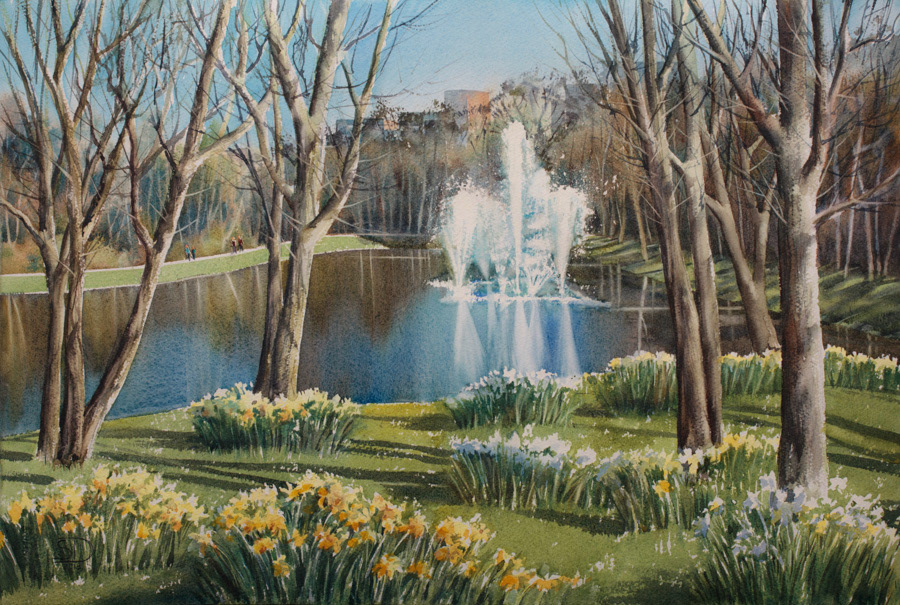 Daffodils blooming in Leopold Park, watercolor, 38 x 56 cm, 2018