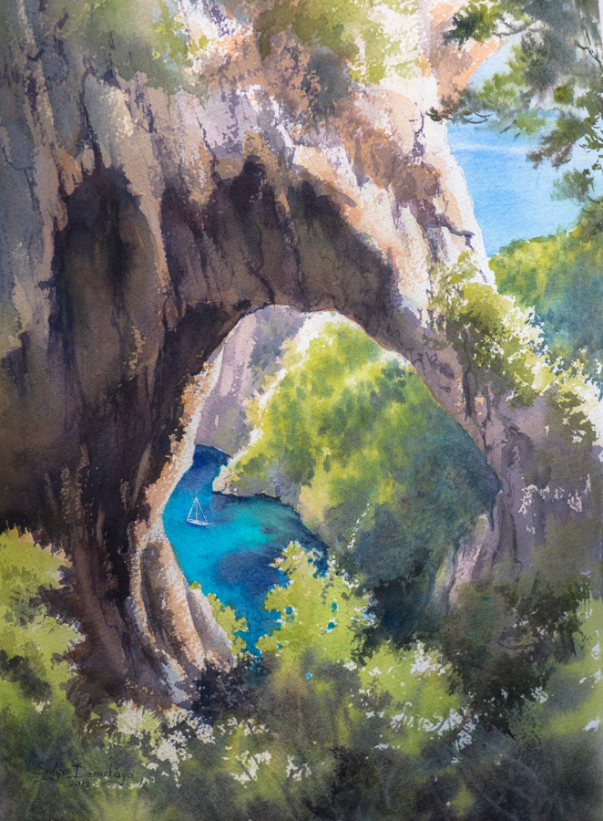 Natural arch in Capri, watercolor, 38 x 28 cm, 2019