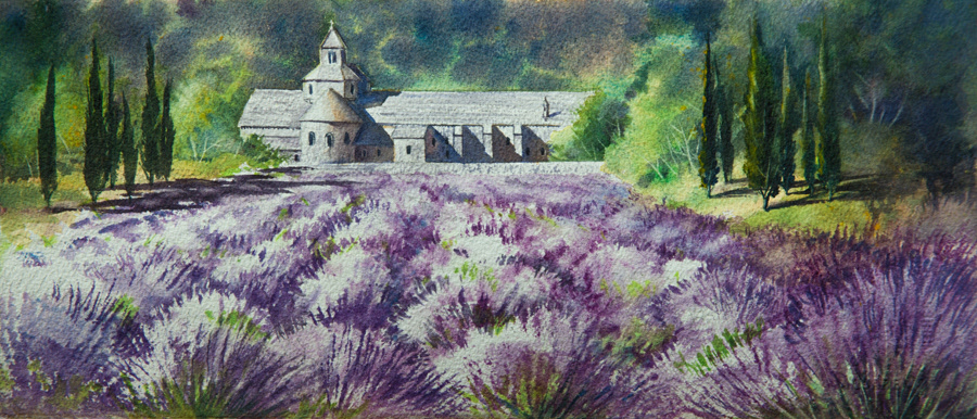 Abbaye Notre-Dame de Sénanque, watercolor, 17 x 38 cm, 2018