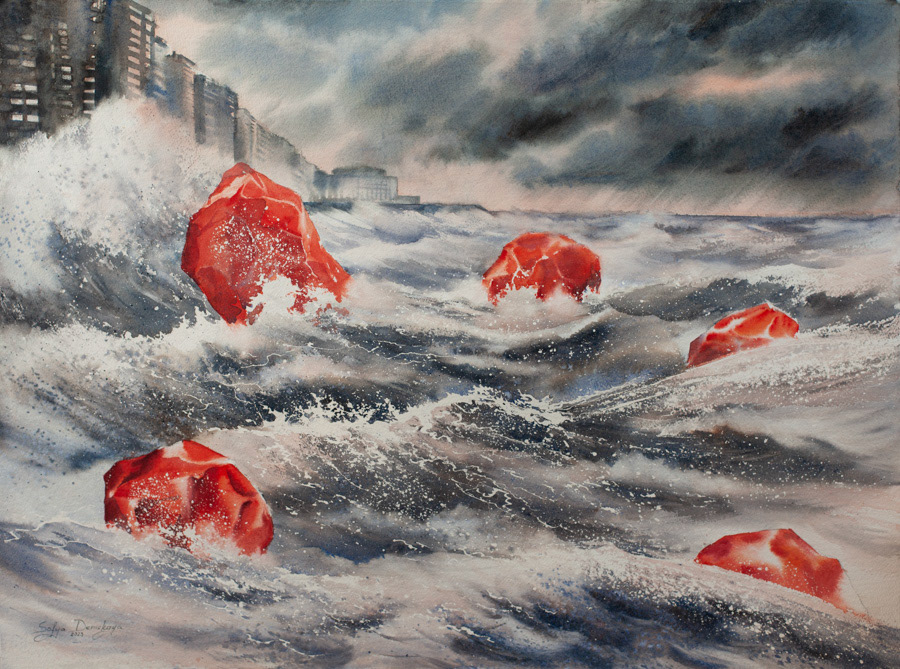 Swallowed by the sea, watercolor, 56 x 76 cm, 2023