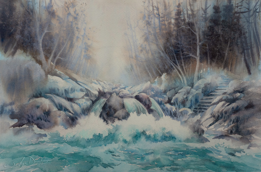 Three waterfalls, watercolor, 38 x 56 cm, 2019