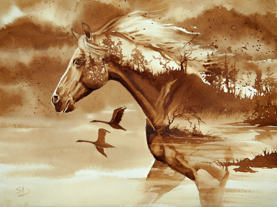 Fly!, coffee, 28 x 38 cm, 2020