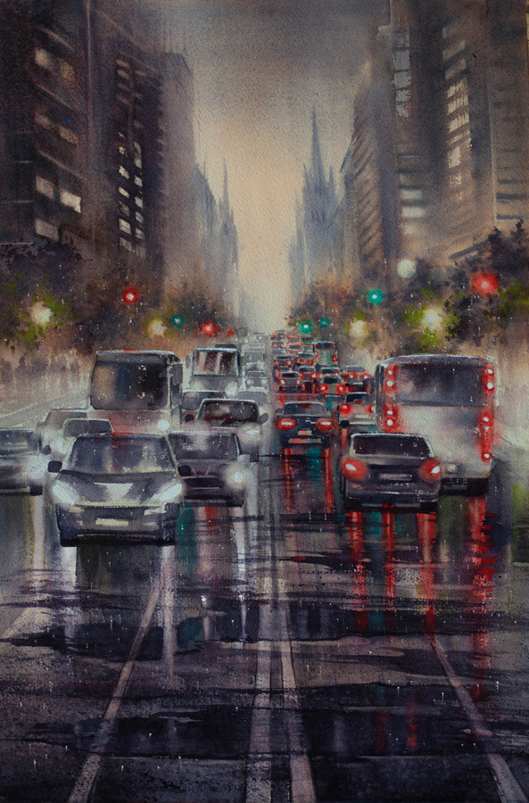 City in the rain, watercolor, 56 x 38 cm, 2020