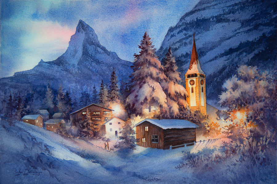 Blue hour in Zermatt, watercolor, 38 x 56 cm, 2020