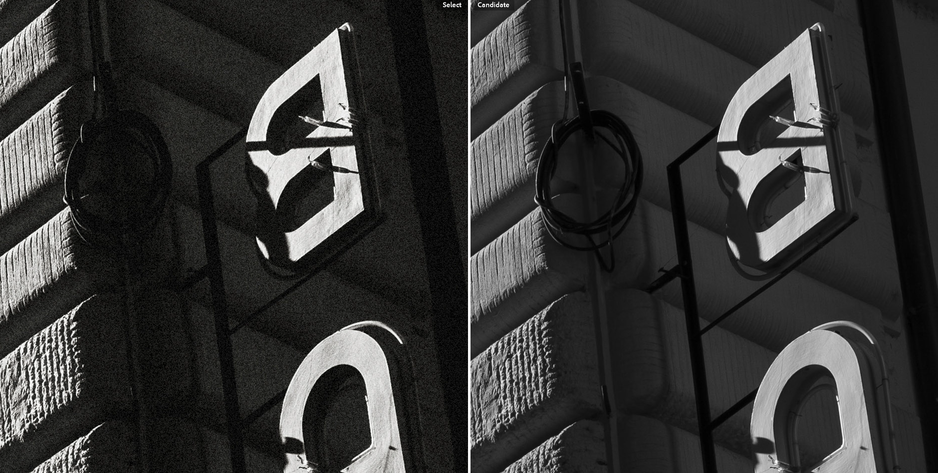 ide-by-side comparison: left half shows Tri-X 400 full grain profile applied, right half shows the original unedited DNG file